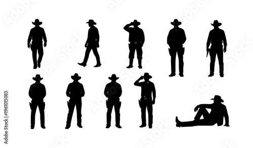 Western cowboy silhouettes collection with walking and cinematic action poses ranch lifestyle vector