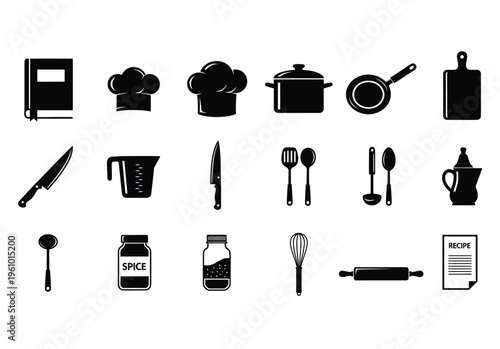 Extensive black kitchen utensils cookware and recipe items for culinary design and cooking with chef hat