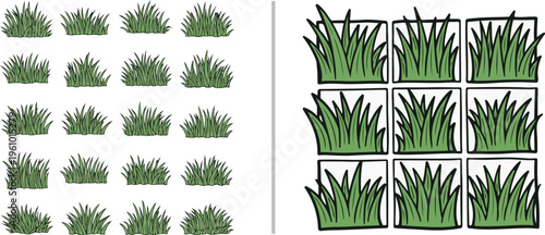 Vector asset featuring stylized green grass. Left side shows realistic textured tufts; right side provides bold, framed cartoon-style icons. Great for landscaping apps, game maps, and garden design.