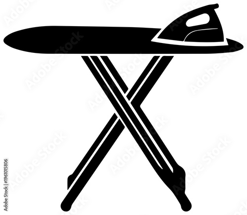 Compact folding ironing board with a sleek modern iron resting on its surface presented as a clean black filled silhouette icon isolated on a pristine white background symbolizing