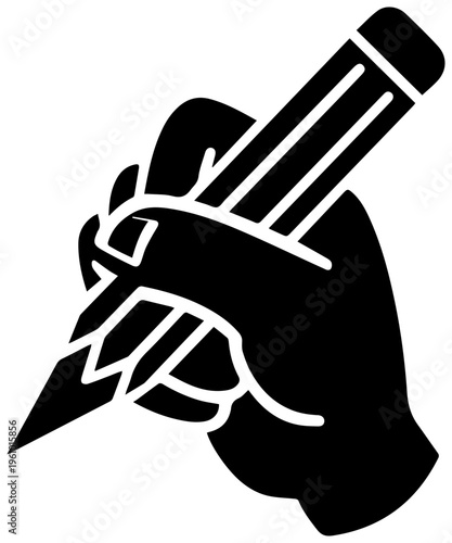 Close up black and white graphic icon of a hand firmly gripping a sharpened pencil poised for writing or drawing symbolizing creativity education and manual skill against a clean
