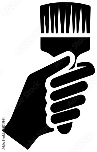 Creative hand holding artist paint brush icon symbol for art design and craftsmanship representing creativity skill and artistic expression with clean lines and bold black