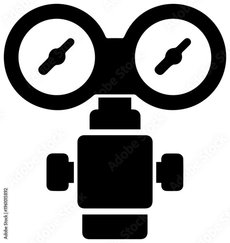 Black filled icon of a dual gauge gas regulator symbolizing pressure control industrial equipment and safety monitoring for gases in a clean isolated graphic resource perfect