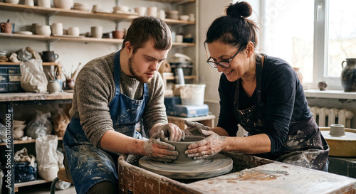Smiling woman and man working together with clay on a pottery wheel in a studio.