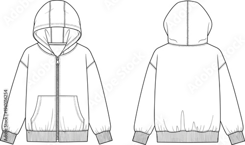 Black zip up hoodie technical sketch with hooded sweatshirt front and back view set isolated on white background for apparel mockup design vector illustration
