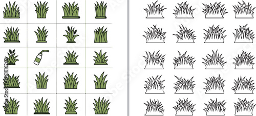 Vector collection featuring various grass tufts. Left side shows colored icons with a spray bottle in a grid; right side offers black and white line art sketches. Ideal for lawn care or game design.