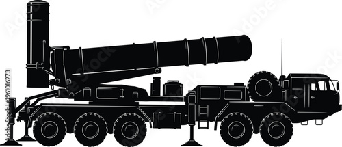Military missile launcher truck silhouette illustration with stabilizing legs, defense technology artwork, warfare design concept, black and white vector template set