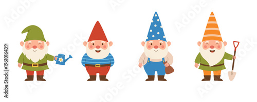 Set of cute garden gnome characters with watering can, shovel and bag. Funny dwarf helpers collection for kids decor and prints