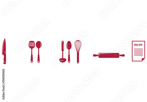Red kitchen utensils set with knife spatula spoon ladle whisk rolling pin and recipe card for cooking