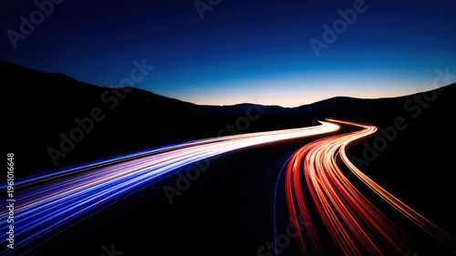 Streaks of Light on a Dark Highway at Night, Long Exposure Showing Motion and Speed