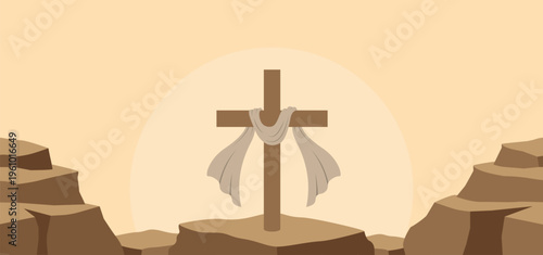 Good Friday illustration background with cross and shroud on rocks