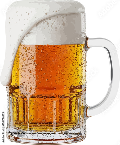 A frosty glass mug overflowing with golden amber beer and thick white foam, covered in condensation.