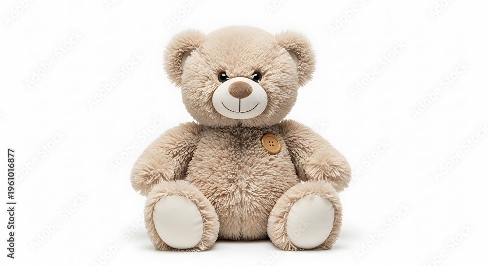 Fototapeta premium Charming, cuddly plush teddy bear with soft brown fur, sitting peacefully on a bright white background, symbolizing childhood comfort and warmth, ideal for heartwarming projects