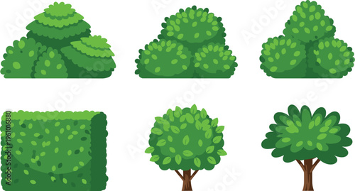 Flat vector illustration set featuring various green garden bushes and groomed hedges with small trees isolated on white background for landscape design projects.