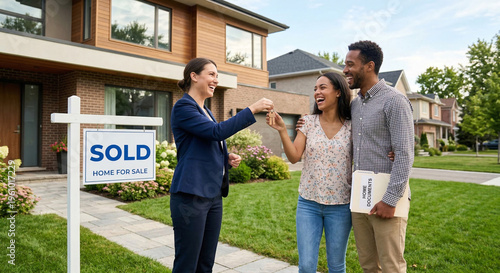 Real estate agent handing over house keys to a happy couple in front of their new home.