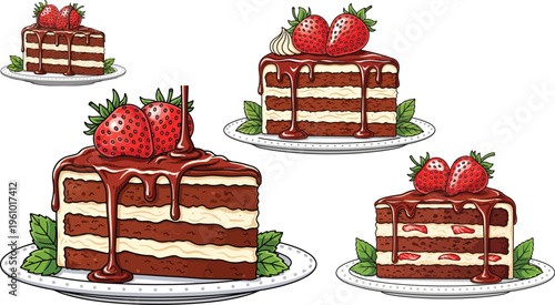 Chocolate layer cake slices with fresh strawberries, gourmet cocoa sponge cake with cream filling, decadent dessert vector set on white background
