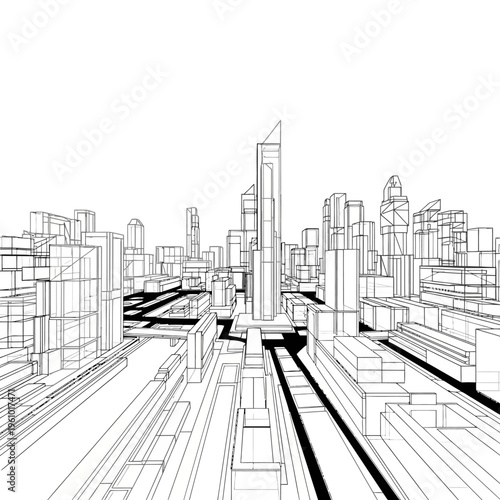 Cityscape with Skyscrapers and Roads.