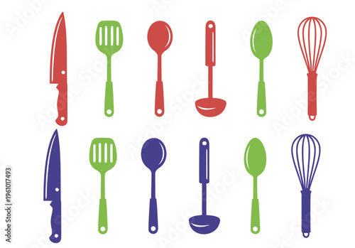 Colorful kitchen utensils set with knives spatulas spoons ladles whisks for cooking and baking with cooking tools