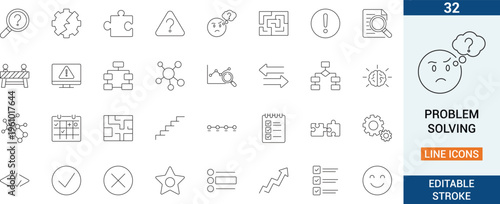 Outline icon set focused on problem solving concepts, including analysis, strategy, decision making, and solutions, ideal for UI design, workflow visuals, and productivity tools.