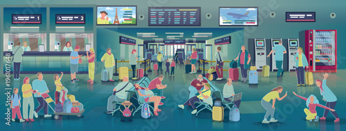 Modern airport terminal interior with diverse passengers in waiting area and security control. People with luggage, families, travelers using smartphones and laptops, reunion and travel moments. 