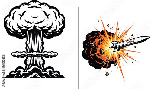Nuclear explosion mushroom cloud and ballistic missile strike vector illustrations featuring high impact blast effects for military and defense projects.