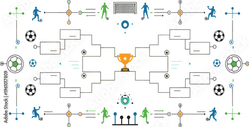 Soccer Tournament Bracket Template Featuring Football Players, Match Fixtures, and Trophy Icon for Sports Competition, Championship Planning, and Game Infographic Design Projects.