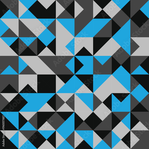 Abstract Geometric Seamless Pattern with Blue, Grey, and Black Triangles; Modern Tech Background for Web, Corporate Identity, and Graphic Design