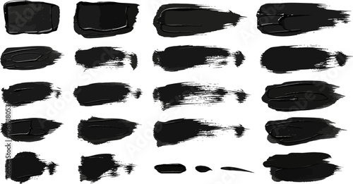 Abstract collection of black paint brush strokes and texture elements on white background