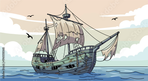 An old, dilapidated wooden sailing ship with torn sails floats on the open sea under a cloudy sky with birds flying.