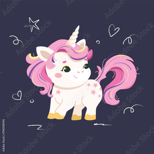 Mythical, friendly unicorn. Cartoon character with one horn.