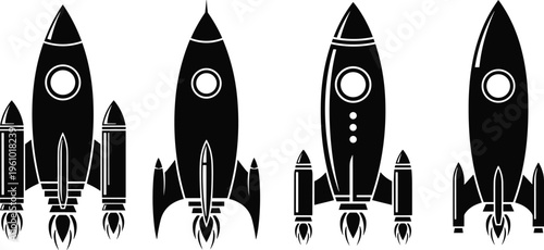 Rocket silhouette illustration collection with variations, space exploration artwork, aerospace technology design concept, black and white vector template setRocket silhouette illustration 
