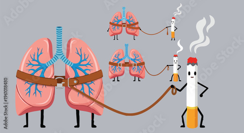 Smoking addiction concept with human lungs on a leash, cigarette character walking lungs like a pet, anti-smoking health awareness vector illustration