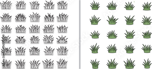 A collection of stylized grass tuft icons in two variations: black and white line art and colored green. Simple vector designs for landscape, gardening, or game assets.