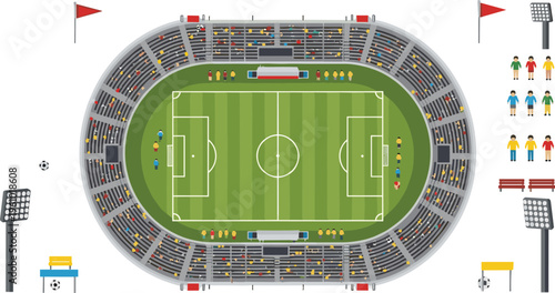 Top View Football Stadium Illustration Featuring Soccer Field, Crowd Stands, Players, and Match Elements for Sports Event, Game Day, and Championship Design Projects.
