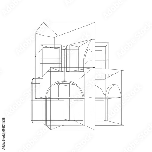 Detailed Architectural Structure Line Drawing.
