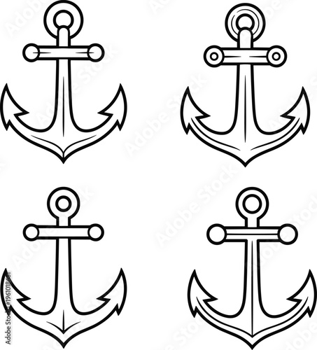 Set of anchor line art illustrations nautical marine symbols vintage ship anchor icons vector outline design for maritime tattoo branding