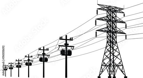 Transmission tower and utility pole silhouette illustration, electrical infrastructure artwork, power distribution design concept, black and white vector template set