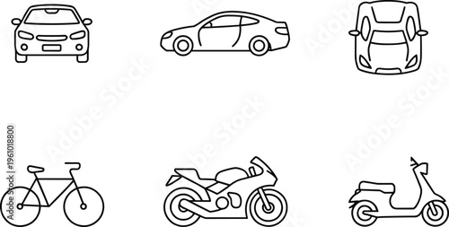 Set of vehicle line art illustrations including car bicycle motorcycle and scooter vector outline icons for transportation and mobility concepts