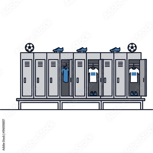 Athletes prepare for competition by opening lockers revealing sports gear inside.