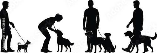 Black silhouettes of diverse people walking and playing with their dogs on leashes, showing pet ownership, canine companionship, and active outdoor lifestyle on white.