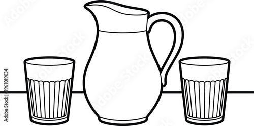 Water pitcher and glasses line art illustration minimal drinkware vector outline design for kitchen beverage serving refreshment concept