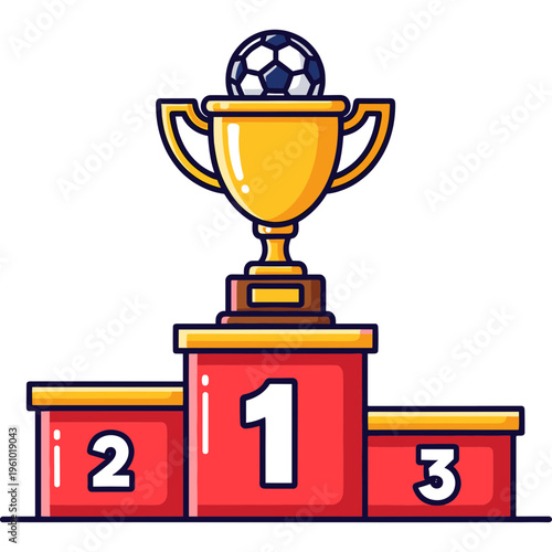 A gold trophy with a soccer ball on top sits on a red podium with numbers 1, 2, and 3.