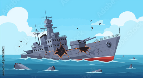 Cartoon illustration of a damaged grey battleship sinking in the blue ocean with debris flying around it under a cloudy sky.