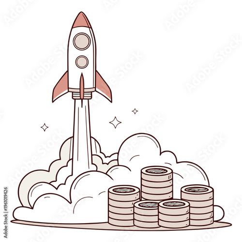 Rocket ship launching with coins on clouds, symbolizing financial growth