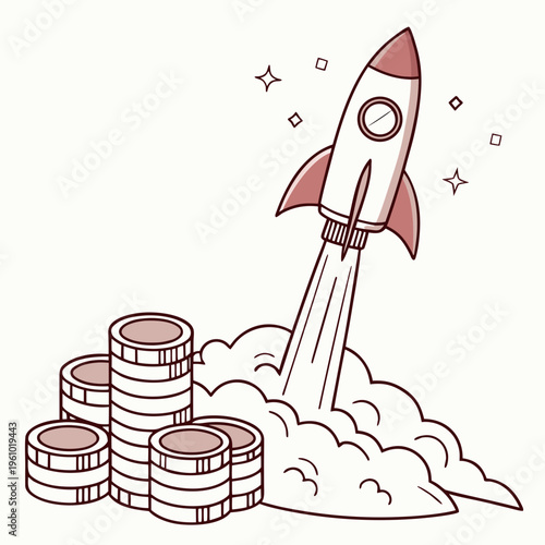 Rocket ship launching into the air with stacks of coins and smoke