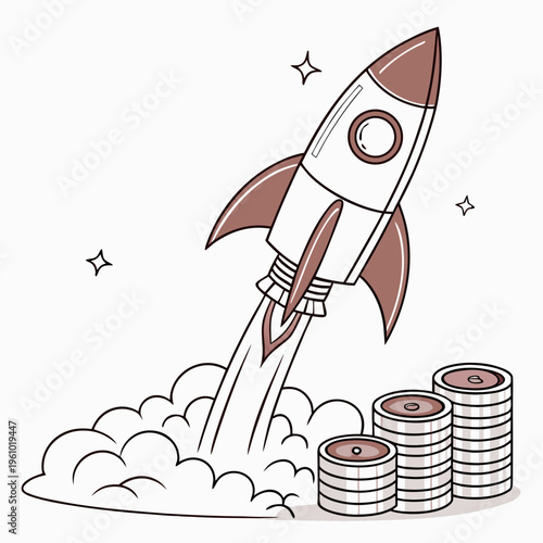 Rocket launching into the air with stacks of coins
