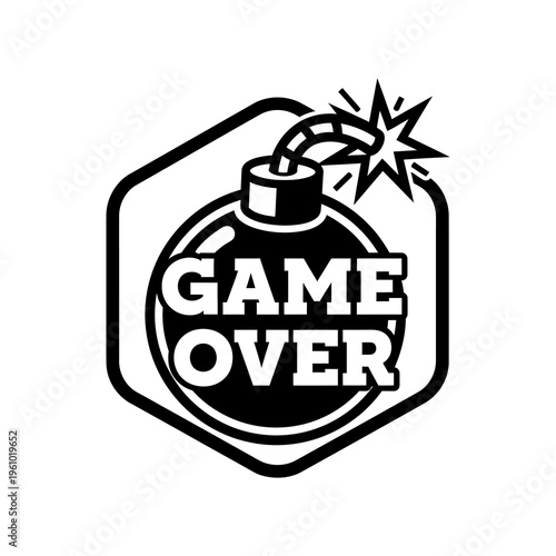 Black and white 'Game Over' bomb illustration with a lit fuse inside a hexagonal badge, symbolizing the end of a game or a critical failure.