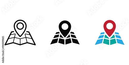 Dynamic vector map pin icon set for navigation and location tracking, featuring outline, solid, and colorful designs, ideal for digital interfaces and web applications