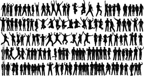 Flat vector illustration of multiple human silhouettes in dynamic poses, standing, jumping, dancing, interacting, representing movement, diversity, social activity