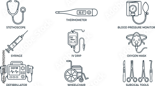 Hospital medical equipment and surgical tools icon set with wheelchair, defibrillator, and IV drip